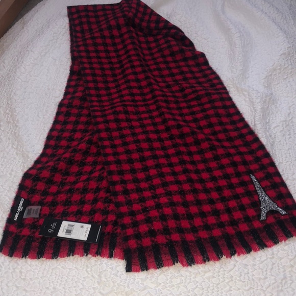 Karl Lagerfeld Crimson & Black Plaid Rectangular Scarf Eiffel Tower Patch NWT - Picture 16 of 16